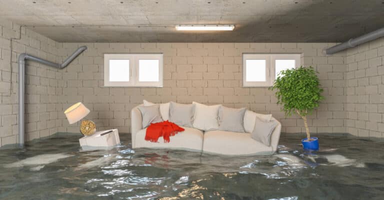 a living room flooded with water and furniture