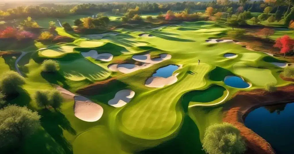 Aerial view of golf course fairways, bunkers and ponds