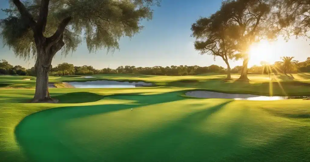 Golf Course Turf Management Tools and Techniques With Drones 3 Golf course green and fairway at sunrise under oak trees