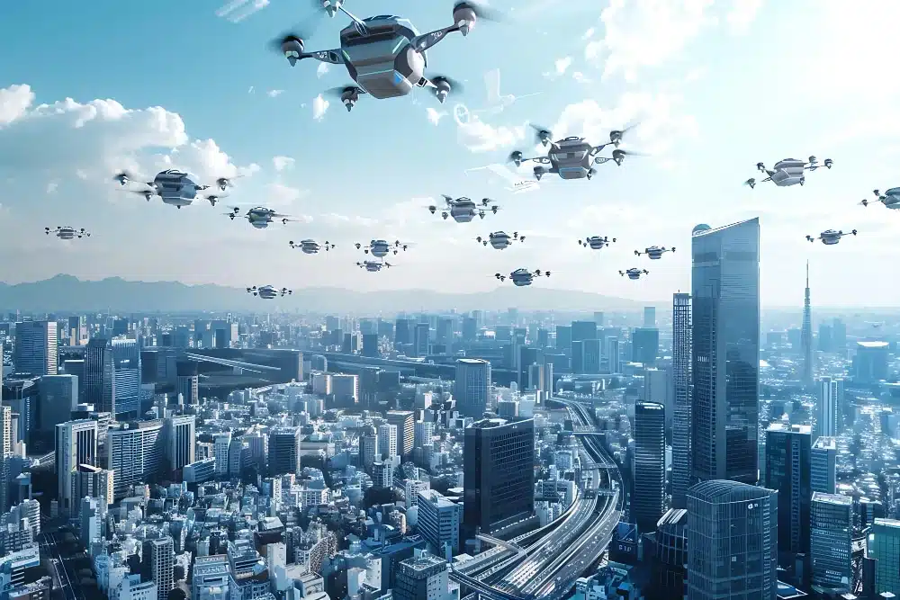 How Drones Can Help Cities 2 Fleet of drones flying over a dense city skyline