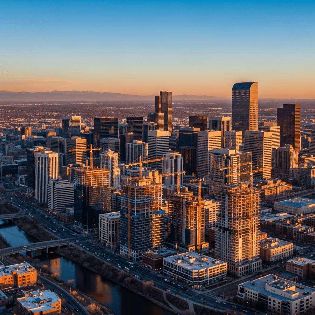 Aerial drone photograph of Denver Colorado skyline used for commercial drone services