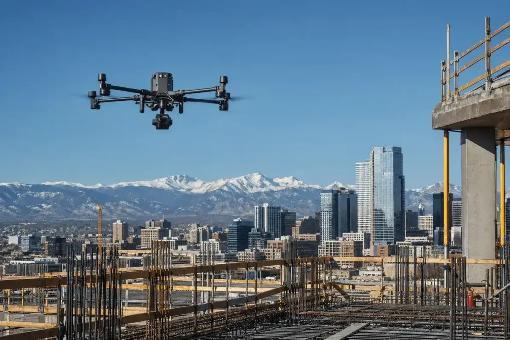 Commercial drone above a Denver construction site with the Front Range in the distance