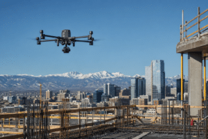 Commercial drone above a Denver construction site with the Front Range in the distance
