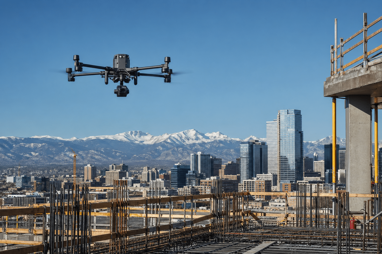 Commercial drone above a Denver construction site with the Front Range in the distance