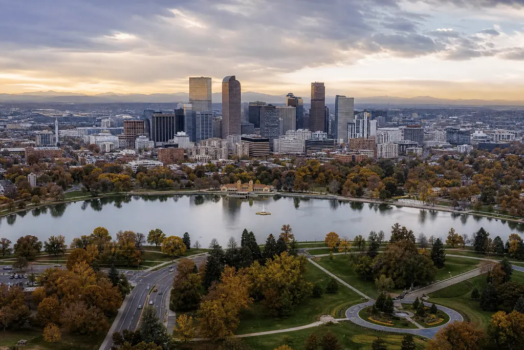 Aerial Drone Services in Denver: What Industries Benefit Most 2 Denver, CO skyline over City Park lake in the fall