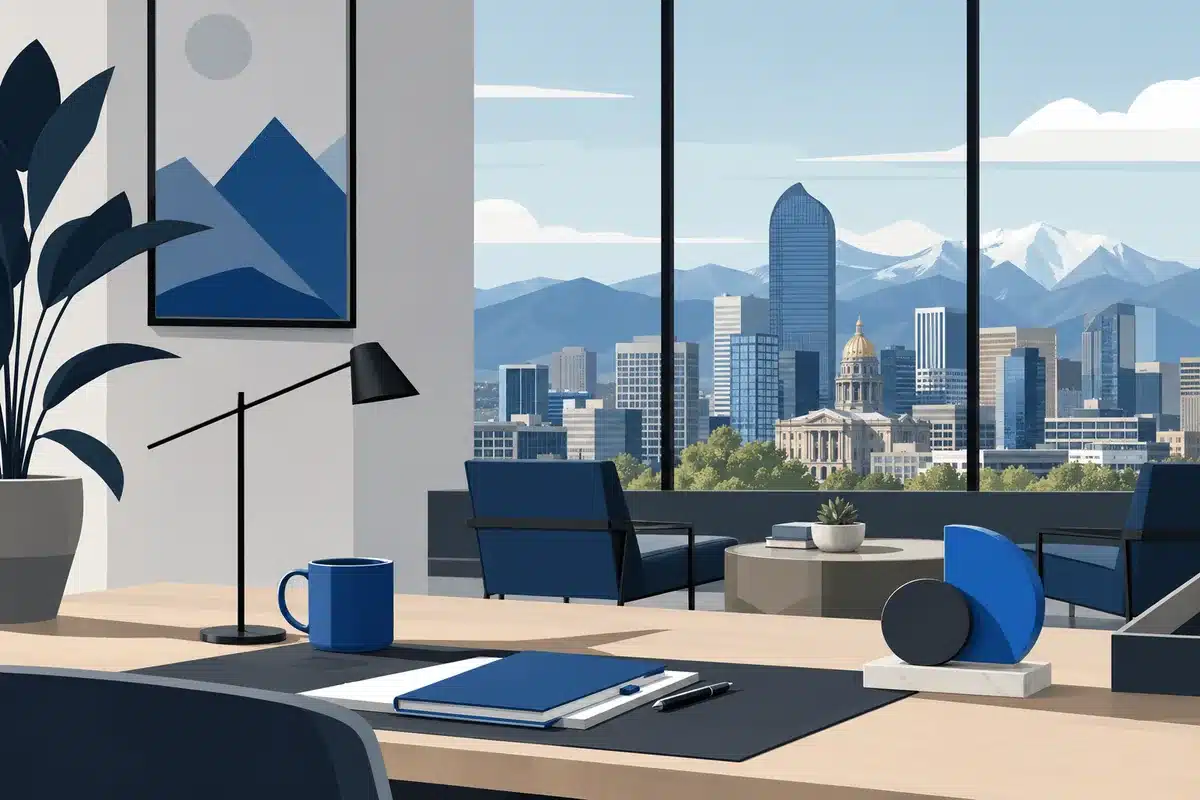 Commercial Drone Photography in Denver: What to Expect in 2026 3 Illustration of a calm office with a view of the Denver skyline