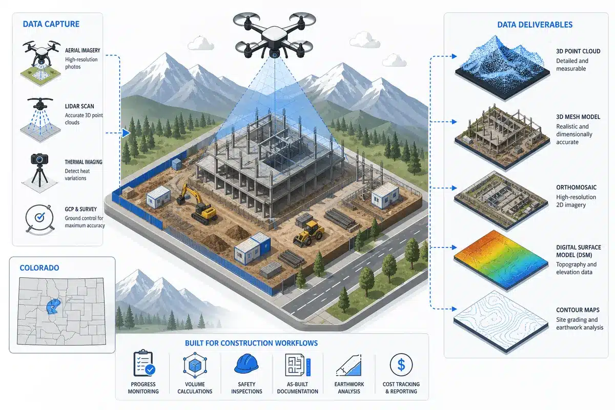 How Construction Drone Services Reduce Project Costs in Colorado 1 Diagram of construction drone data capture and deliverables in Colorado