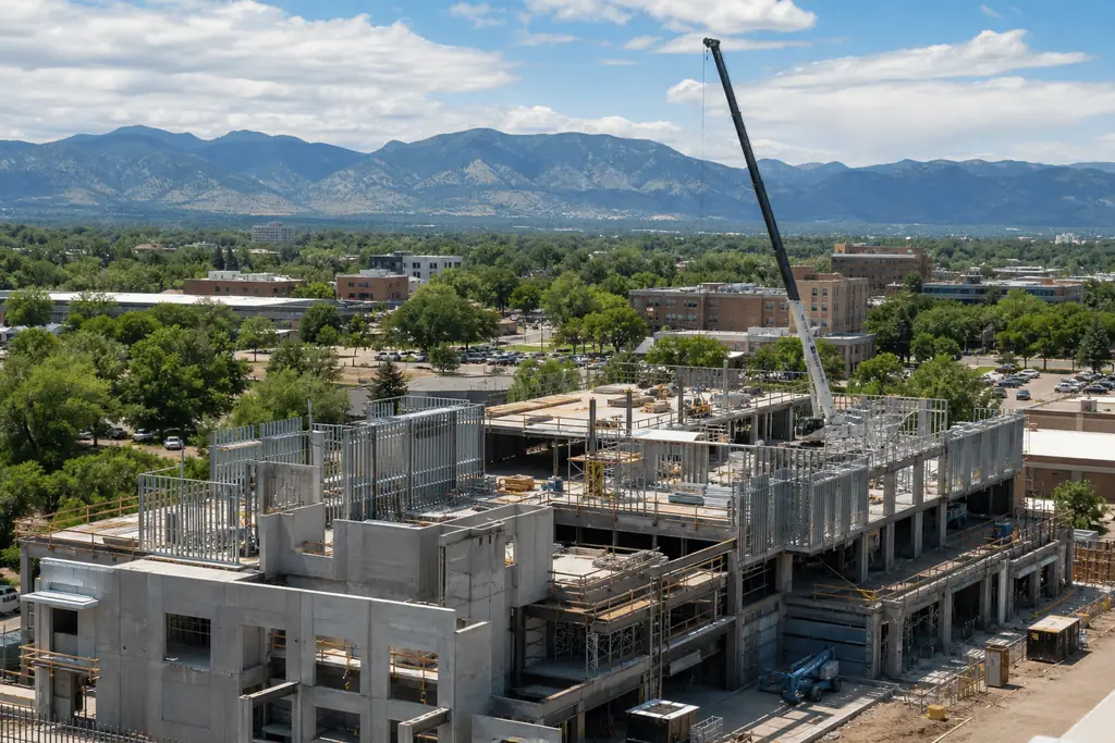 Drone Services for Construction in Fort Collins: Drone Surveying vs. Traditional Surveying 2 Building under construction in Fort Collins, CO with a crane and the foothills behind