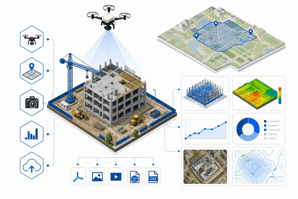 Drone Services for Construction in Fort Collins: Drone Surveying vs. Traditional Surveying 1 Diagram of drone construction data in Fort Collins, from site capture to maps and reports