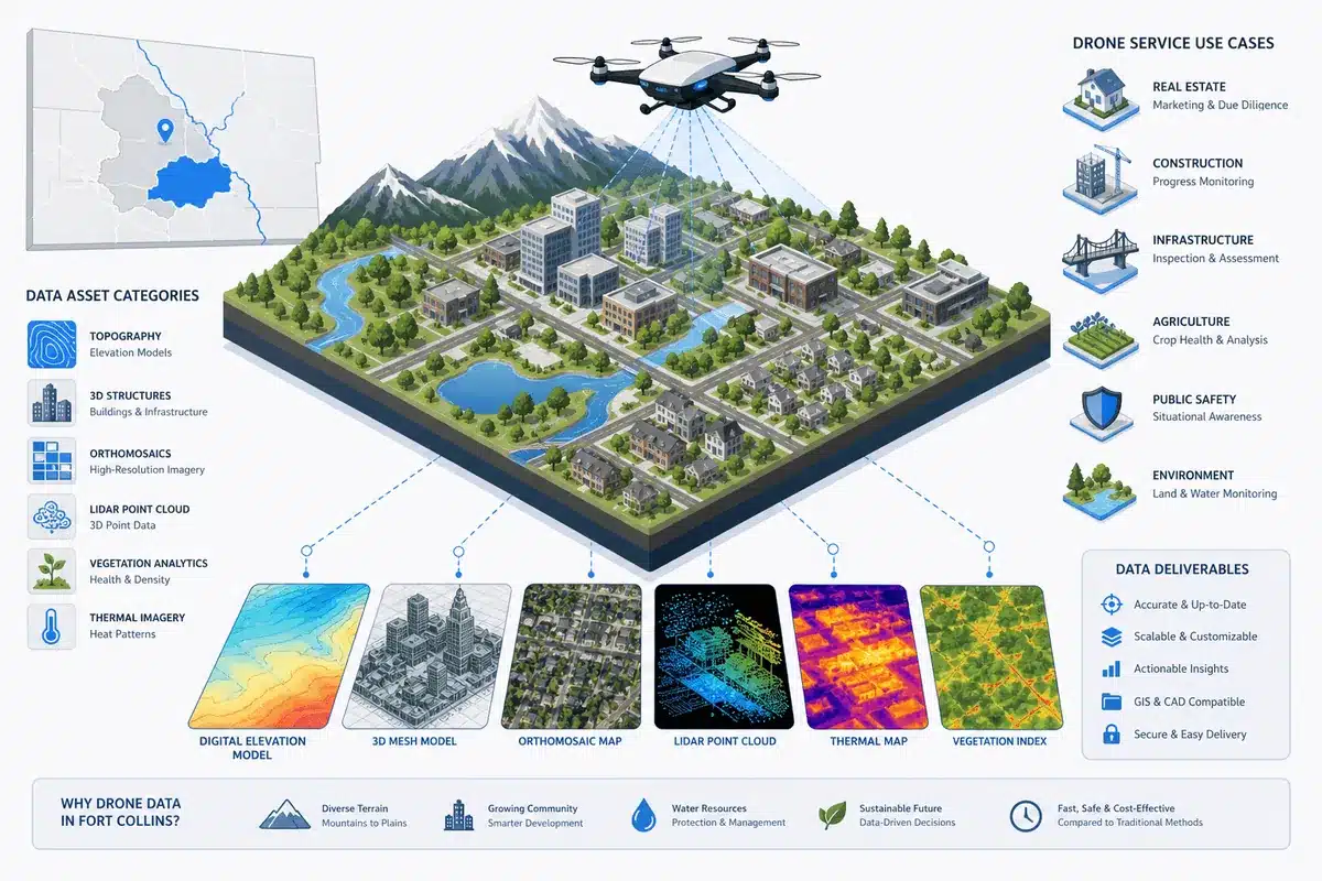 Local Drone Services in Fort Collins: A Complete Hiring Guide for Businesses 1 Diagram of drone data use cases in Fort Collins, from 3D models to thermal maps