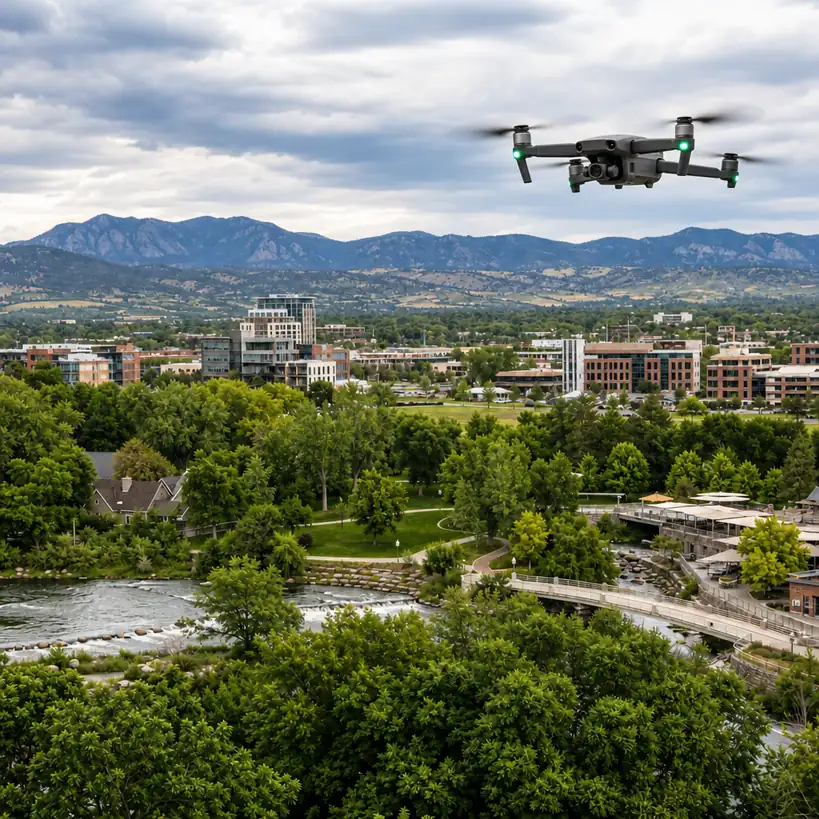 No Fly Zones in Fort Collins, CO: A Pilot's Complete Guide 2 Drone flying over the river and trees in Fort Collins, CO with the foothills behind
