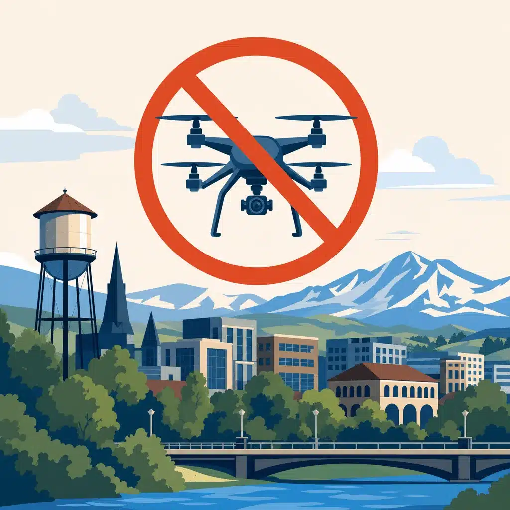 No Fly Zones in Fort Collins, CO: A Pilot's Complete Guide 8 Illustration of a no drone sign above Fort Collins with a water tower and mountains