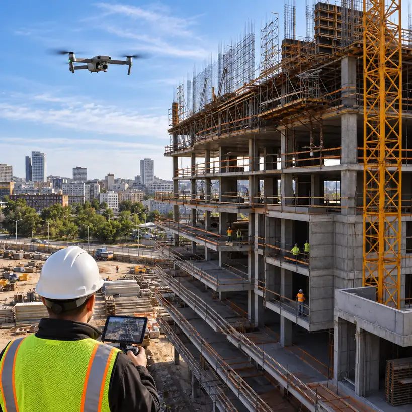 5 Ways Drones Are Transforming Construction Site Inspections 2 Engineer flying an inspection drone over a concrete high rise under construction