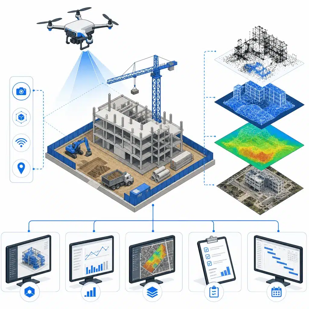 5 Ways Drones Are Transforming Construction Site Inspections 1 Diagram of construction drone services turning site scans into models, heat maps and reports