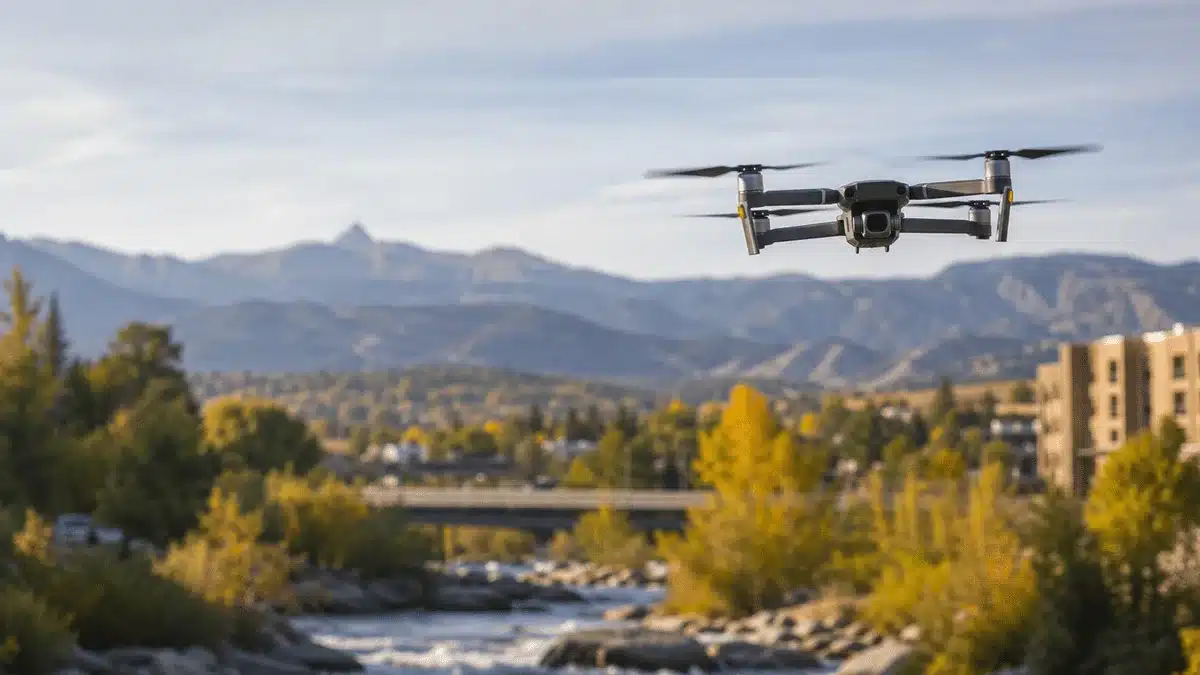 How to Find a Reputable Drone near Fort Collins, CO 2 Drone flying over a river and fall trees near Fort Collins