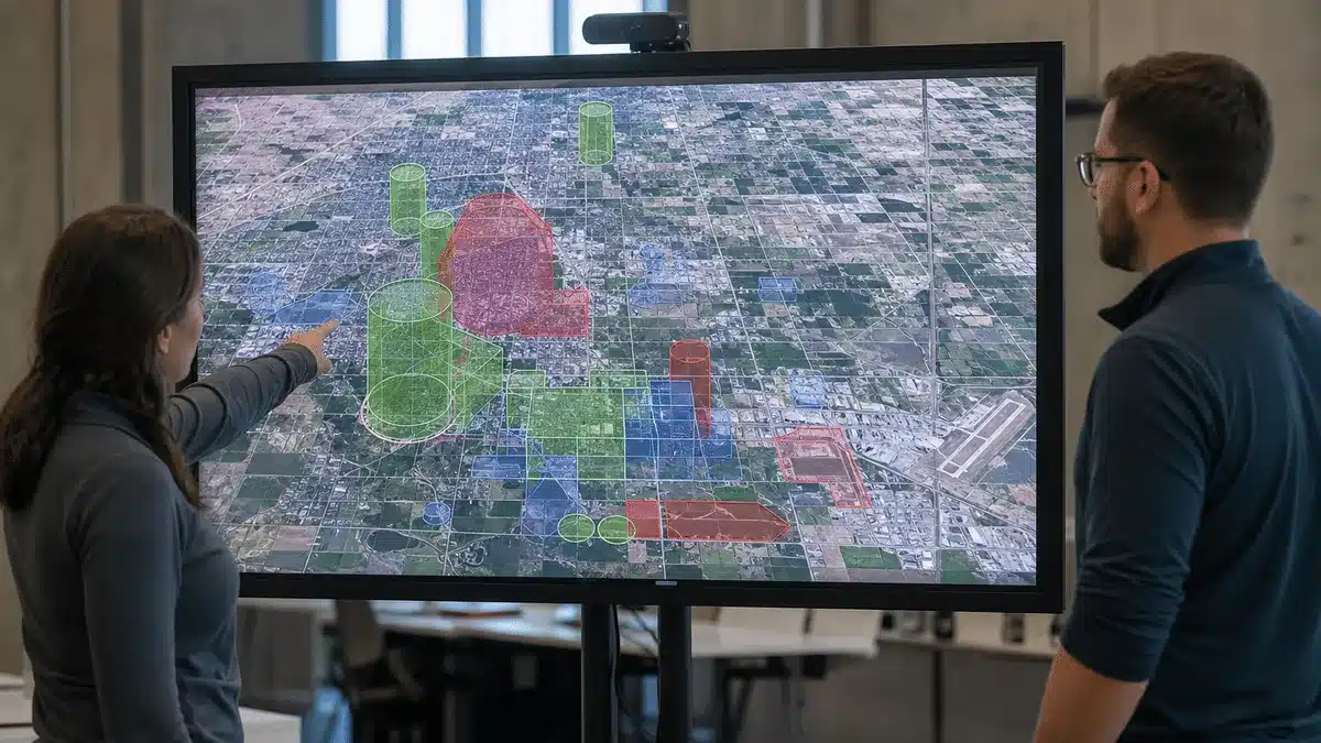 Drone Zones Explained: What Fort Collins Operators Must Know 1 Two people reviewing drone zone overlays on a large map screen