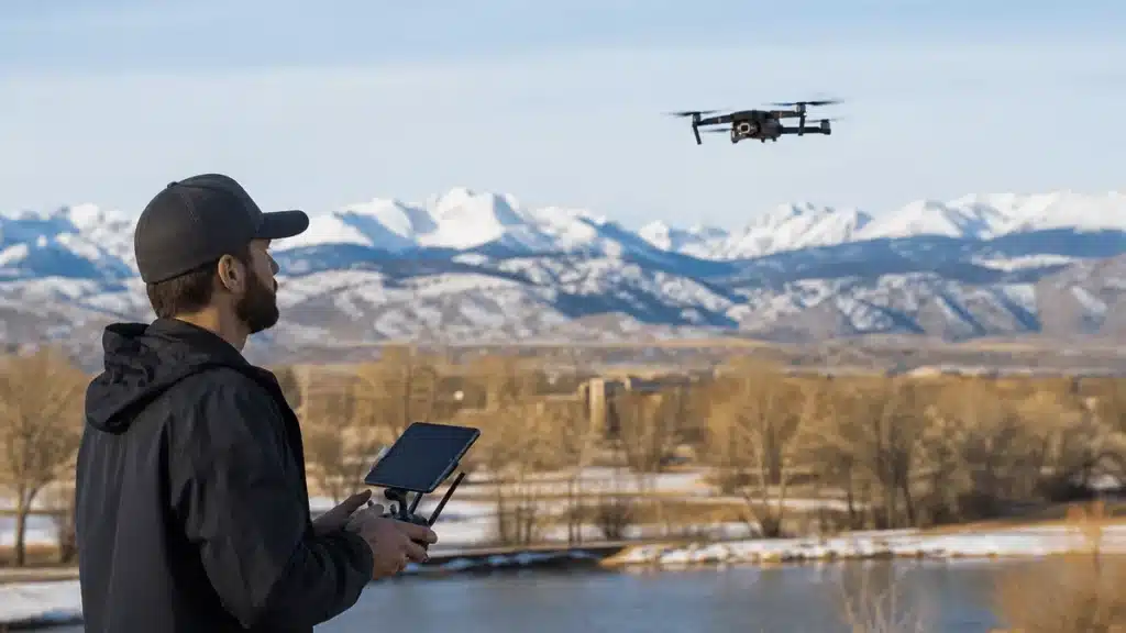 How to Find a Reputable Drone near Fort Collins, CO 3 Drone pilot flying near a river with snowy mountains beyond Fort Collins