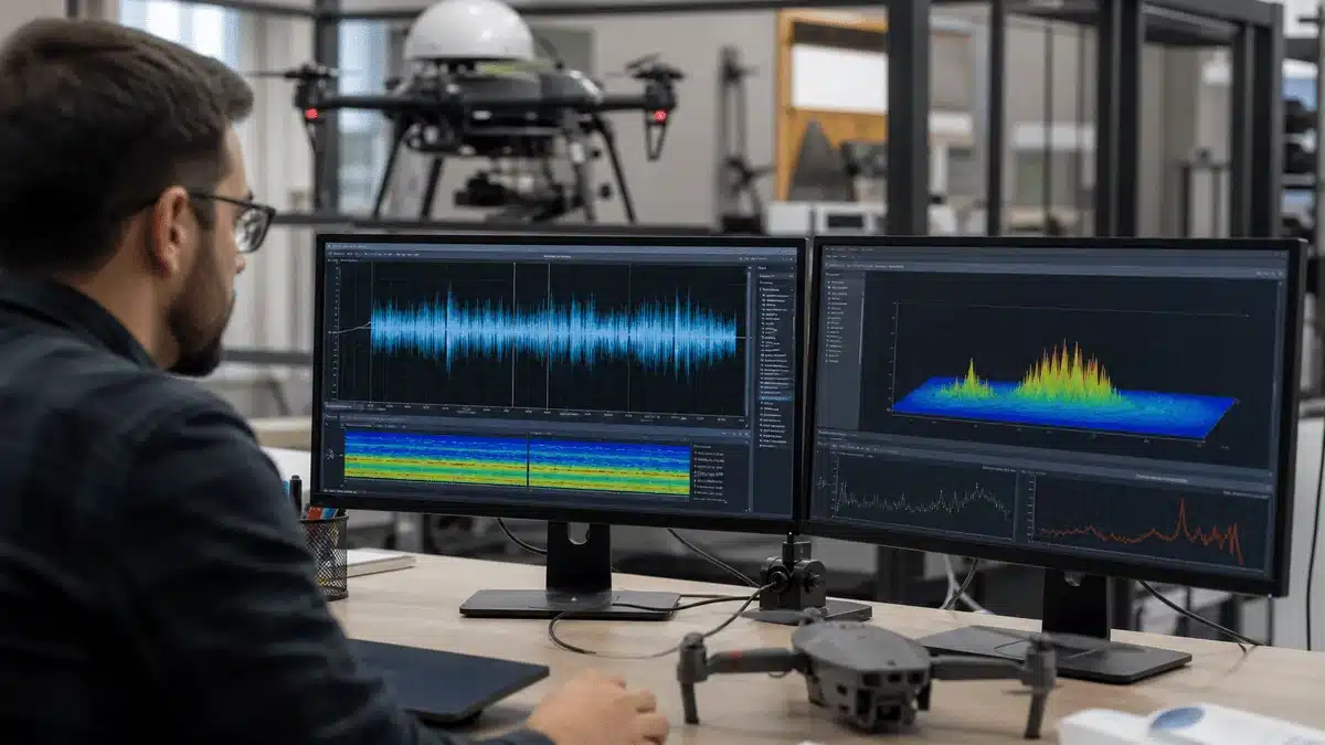 Are Drones Loud? What Fort Collins Businesses Should Know Before Flying 1 Engineer reviewing drone sound graphs on two monitors