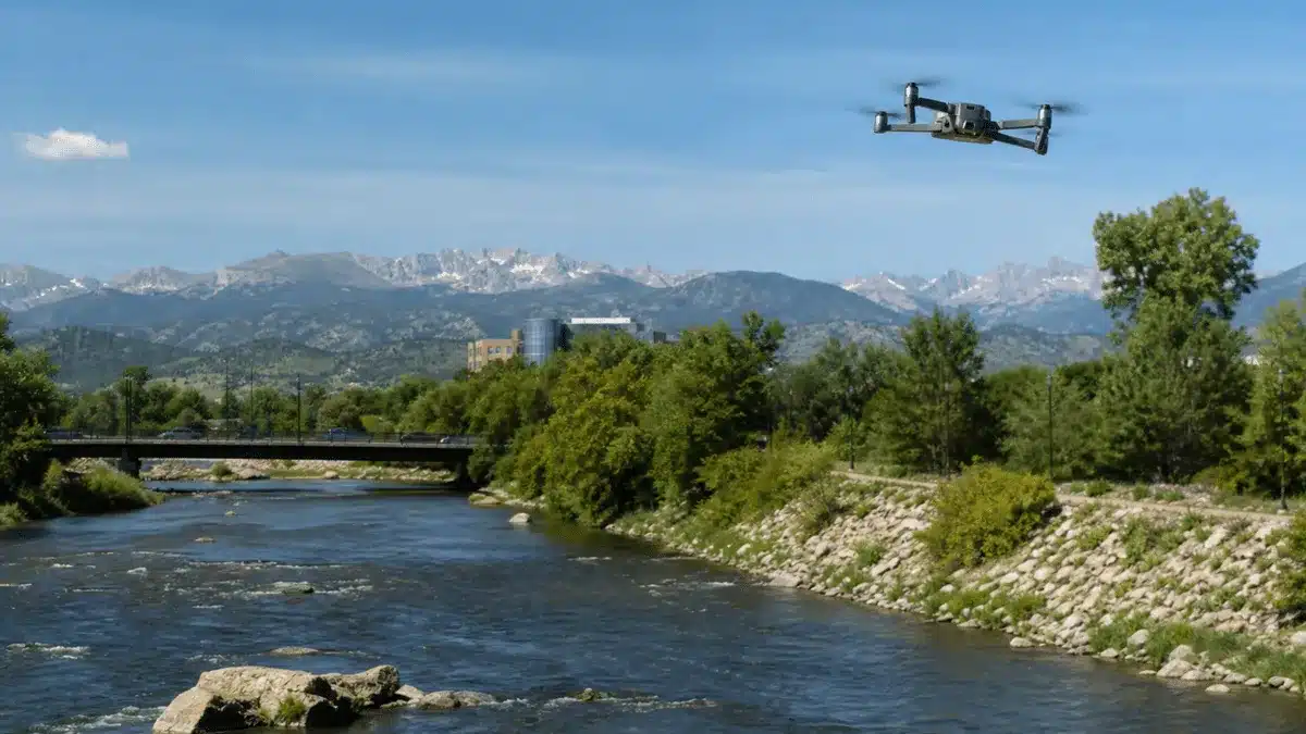 Are Drones Loud? What Fort Collins Businesses Should Know Before Flying 2 Drone flying over the Poudre River with mountains behind Fort Collins