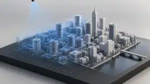 Illustration of a drone scanning a 3D city model for urban development planning